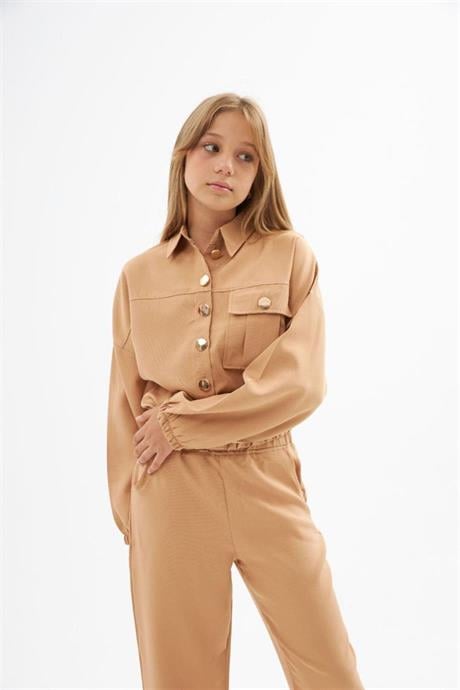 Kız Çocuk Gold Düğme Detaylı Double Kumaş Uzun Kollu Bluz ve Pantolon 2'li Takım Krem 10 Yaş