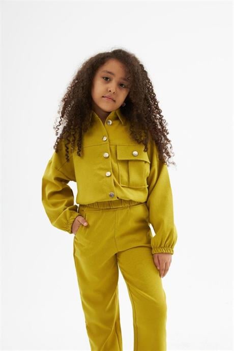 Kız Çocuk Gold Düğme Detaylı Double Kumaş Uzun Kollu Bluz ve Pantolon 2'li Takım Yeşil 6 Yaş