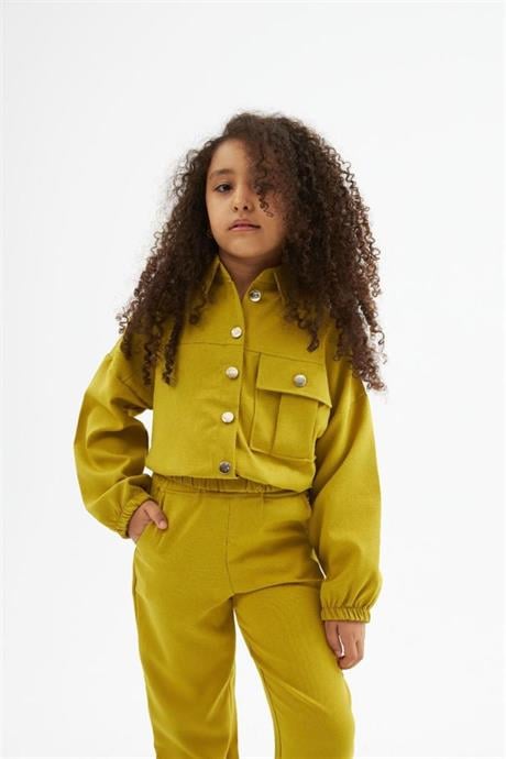 Kız Çocuk Gold Düğme Detaylı Double Kumaş Uzun Kollu Bluz ve Pantolon 2'li Takım Yeşil 12 Yaş