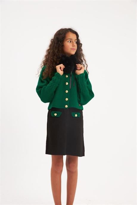 Kız Çocuk Gold Düğme Detaylı Triko Hırka Süs Cepli Siyah Etek Seyyar Yaka Kürk 3'lü Takım Yeşil 10 Yaş