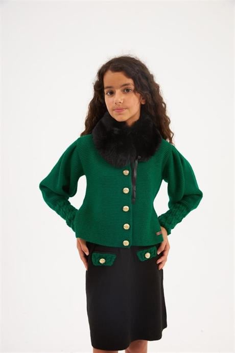 Kız Çocuk Gold Düğme Detaylı Triko Hırka Süs Cepli Siyah Etek Seyyar Yaka Kürk 3'lü Takım Yeşil 12 Yaş