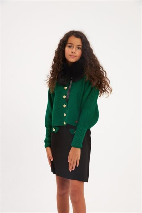 Kız Çocuk Gold Düğme Detaylı Triko Hırka Süs Cepli Siyah Etek Seyyar Yaka Kürk 3'lü Takım Yeşil 6 Yaş