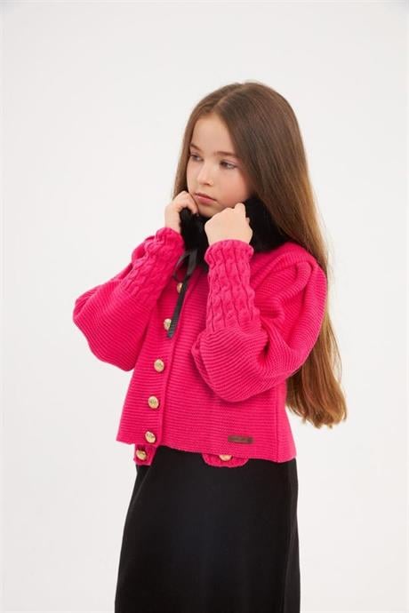 Kız Çocuk Gold Düğme Detaylı Triko Hırka Süs Cepli Siyah Etek Seyyar Yaka Kürk 3'lü Takım Pembe 10 Yaş