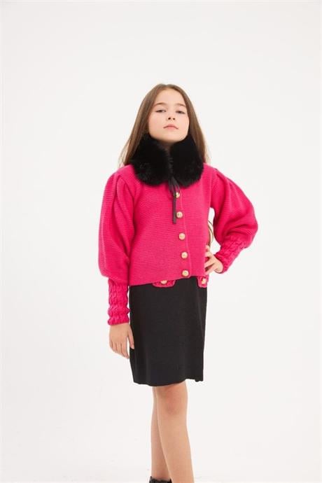 Kız Çocuk Gold Düğme Detaylı Triko Hırka Süs Cepli Siyah Etek Seyyar Yaka Kürk 3'lü Takım Pembe 8 Yaş