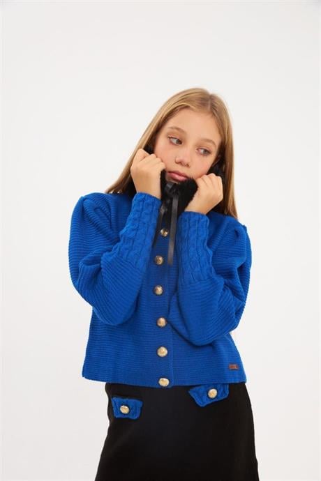 Kız Çocuk Gold Düğme Detaylı Triko Hırka Süs Cepli Siyah Etek Seyyar Yaka Kürk 3'lü Takım Saks 4 Yaş