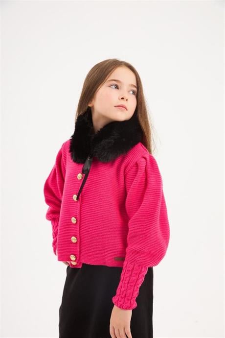 Kız Çocuk Gold Düğme Detaylı Triko Hırka Süs Cepli Siyah Etek Seyyar Yaka Kürk 3'lü Takım Pembe 8 Yaş