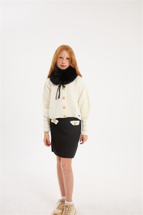 Kız Çocuk Gold Düğme Detaylı Triko Hırka Süs Cepli Siyah Etek Seyyar Yaka Kürk 3'lü Takım