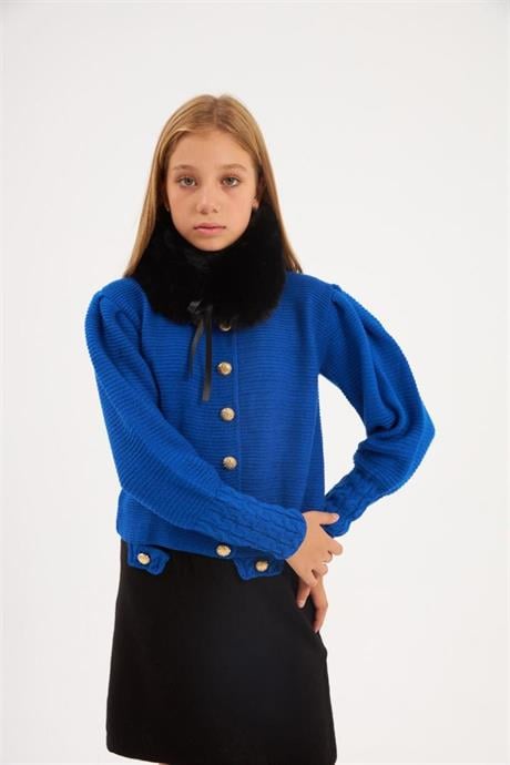 Kız Çocuk Gold Düğme Detaylı Triko Hırka Süs Cepli Siyah Etek Seyyar Yaka Kürk 3'lü Takım Saks 10 Yaş