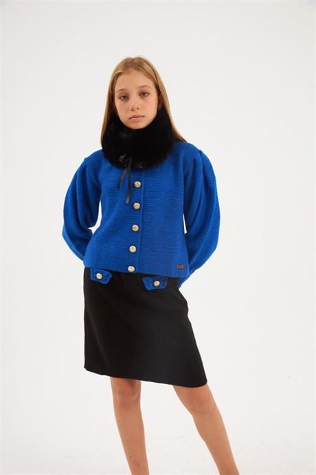 Kız Çocuk Gold Düğme Detaylı Triko Hırka Süs Cepli Siyah Etek Seyyar Yaka Kürk 3'lü Takım Saks 8 Yaş