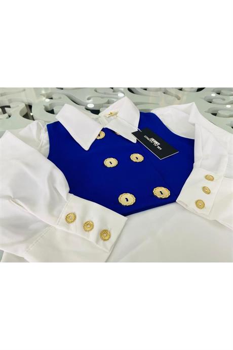 Kız Çocuk Gold Düğme Detaylı Yelek ve Geniş Paça Pantolon Beyaz Gömlek 3'lü Takım Saks 14 Yaş