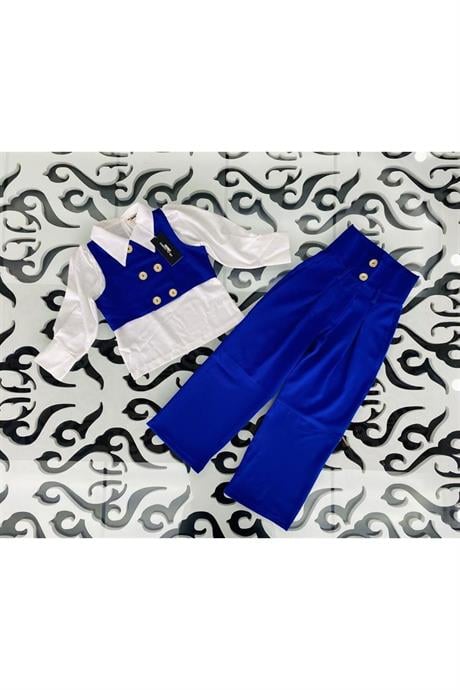 Kız Çocuk Gold Düğme Detaylı Yelek ve Geniş Paça Pantolon Beyaz Gömlek 3'lü Takım Saks 12 Yaş