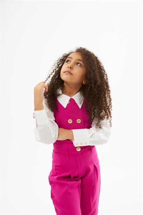 Kız Çocuk Gold Düğme Detaylı Yelek ve Geniş Paça Pantolon Beyaz Gömlek 3'lü Takım Fuşya 6 Yaş