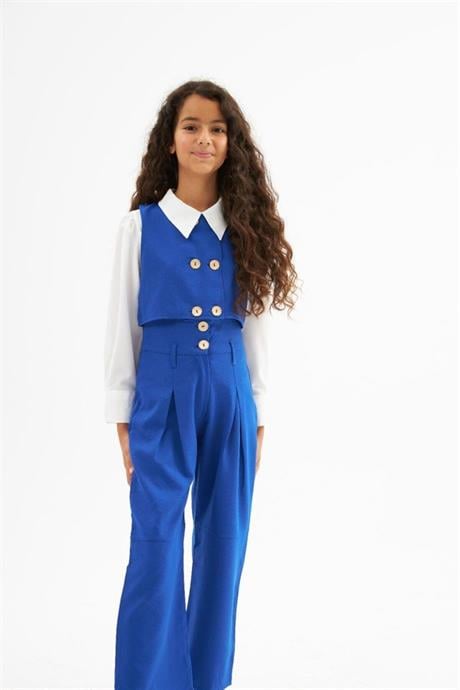 Kız Çocuk Gold Düğme Detaylı Yelek ve Geniş Paça Pantolon Beyaz Gömlek 3'lü Takım Saks 10 Yaş