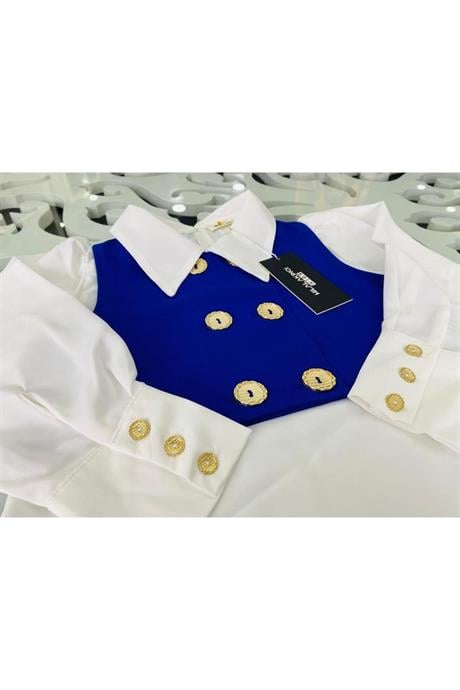 Kız Çocuk Gold Düğme Detaylı Yelek ve Geniş Paça Pantolon Beyaz Gömlek 3'lü Takım Saks 6 Yaş