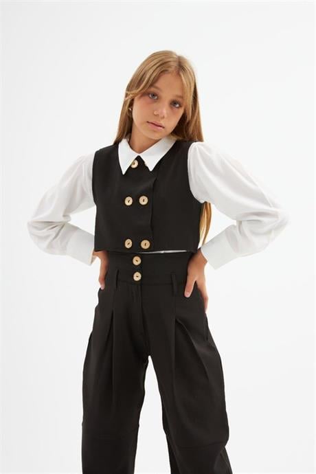 Kız Çocuk Gold Düğme Detaylı Yelek ve Geniş Paça Pantolon Beyaz Gömlek 3'lü Takım Siyah 4 Yaş