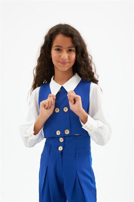 Kız Çocuk Gold Düğme Detaylı Yelek ve Geniş Paça Pantolon Beyaz Gömlek 3'lü Takım Saks 6 Yaş