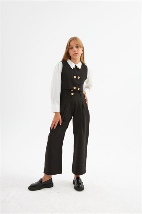 Kız Çocuk Gold Düğme Detaylı Yelek ve Geniş Paça Pantolon Beyaz Gömlek 3'lü Takım Siyah 8 Yaş