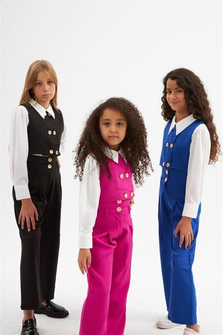 Kız Çocuk Gold Düğme Detaylı Yelek ve Geniş Paça Pantolon Beyaz Gömlek 3'lü Takım Fuşya 8 Yaş