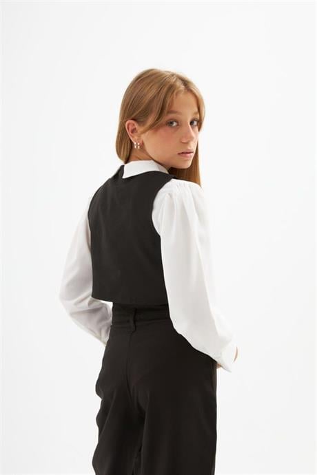 Kız Çocuk Gold Düğme Detaylı Yelek ve Geniş Paça Pantolon Beyaz Gömlek 3'lü Takım Siyah 4 Yaş