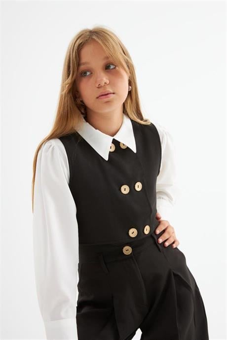 Kız Çocuk Gold Düğme Detaylı Yelek ve Geniş Paça Pantolon Beyaz Gömlek 3'lü Takım Siyah 4 Yaş