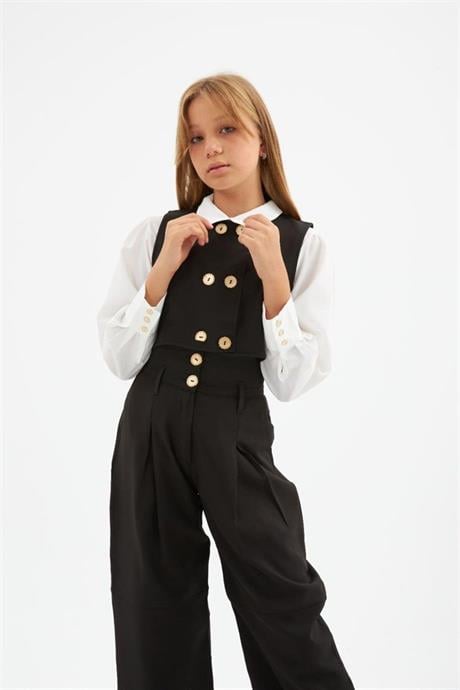 Kız Çocuk Gold Düğme Detaylı Yelek ve Geniş Paça Pantolon Beyaz Gömlek 3'lü Takım Siyah 8 Yaş