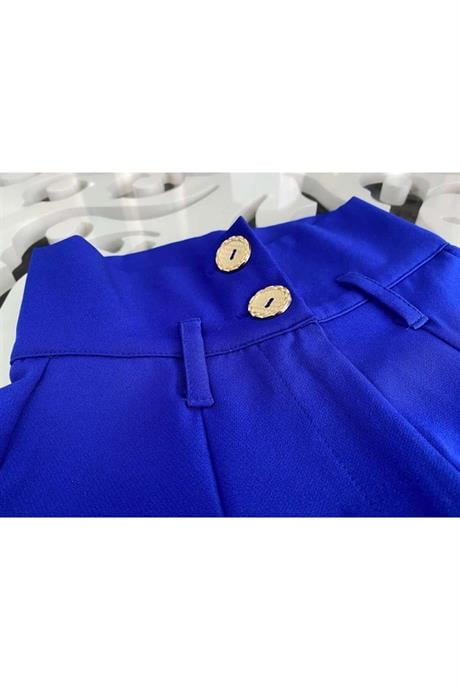 Kız Çocuk Gold Düğme Detaylı Yelek ve Geniş Paça Pantolon Beyaz Gömlek 3'lü Takım Saks 12 Yaş