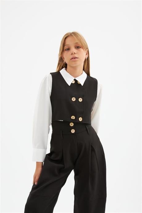Kız Çocuk Gold Düğme Detaylı Yelek ve Geniş Paça Pantolon Beyaz Gömlek 3'lü Takım Siyah 4 Yaş