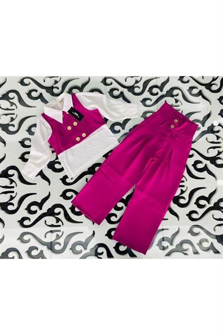 Kız Çocuk Gold Düğme Detaylı Yelek ve Geniş Paça Pantolon Beyaz Gömlek 3'lü Takım Fuşya 12 Yaş