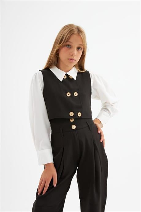 Kız Çocuk Gold Düğme Detaylı Yelek ve Geniş Paça Pantolon Beyaz Gömlek 3'lü Takım Siyah 4 Yaş