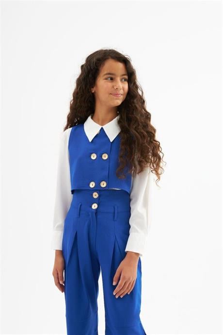 Kız Çocuk Gold Düğme Detaylı Yelek ve Geniş Paça Pantolon Beyaz Gömlek 3'lü Takım Saks 6 Yaş