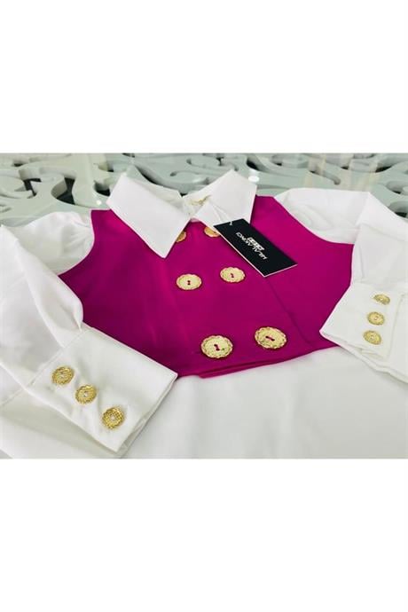 Kız Çocuk Gold Düğme Detaylı Yelek ve Geniş Paça Pantolon Beyaz Gömlek 3'lü Takım Fuşya 10 Yaş