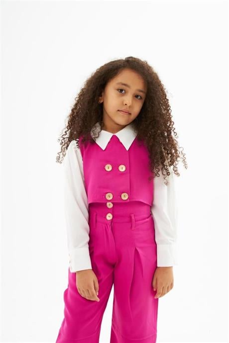 Kız Çocuk Gold Düğme Detaylı Yelek ve Geniş Paça Pantolon Beyaz Gömlek 3'lü Takım Fuşya 14 Yaş