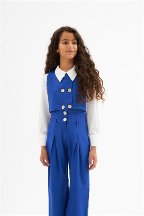 Kız Çocuk Gold Düğme Detaylı Yelek ve Geniş Paça Pantolon Beyaz Gömlek 3'lü Takım Saks 4 Yaş