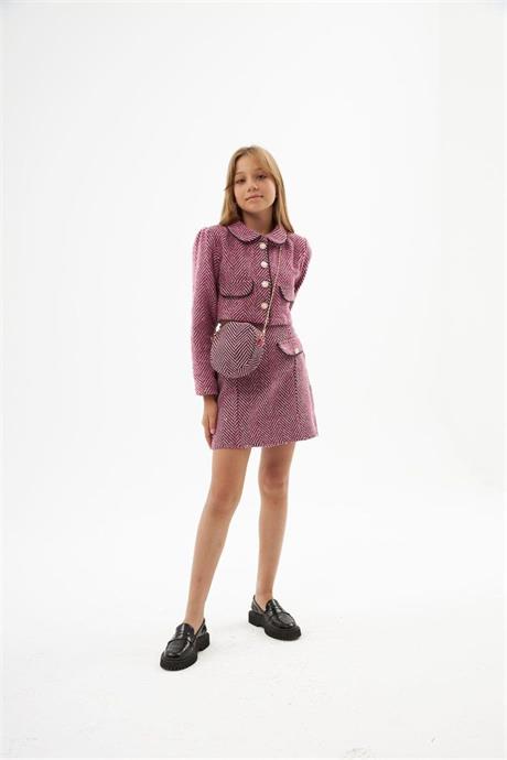 Kız Çocuk Gold Düğme ve Şeritli Biye Detaylı Crop Ceket Etek Zincir Askılı Çanta 3'lü Takım Pembe 4 Yaş