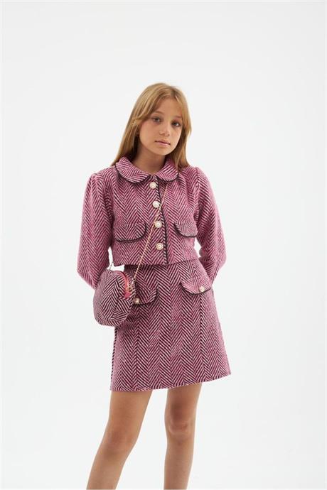 Kız Çocuk Gold Düğme ve Şeritli Biye Detaylı Crop Ceket Etek Zincir Askılı Çanta 3'lü Takım Pembe 6 Yaş