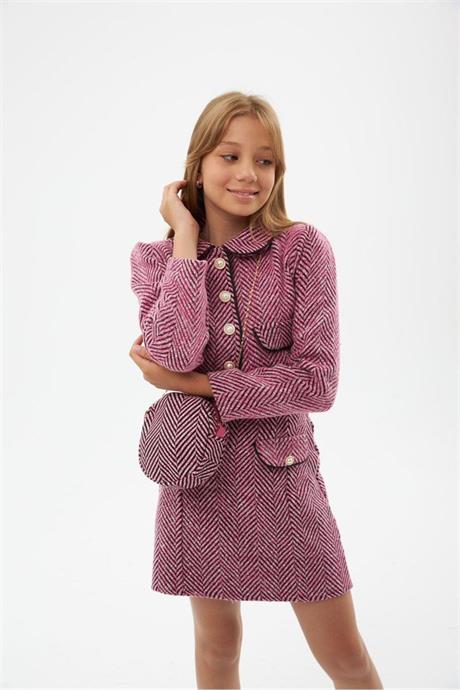 Kız Çocuk Gold Düğme ve Şeritli Biye Detaylı Crop Ceket Etek Zincir Askılı Çanta 3'lü Takım Pembe 12 Yaş