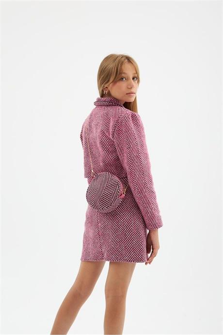 Kız Çocuk Gold Düğme ve Şeritli Biye Detaylı Crop Ceket Etek Zincir Askılı Çanta 3'lü Takım Pembe 6 Yaş