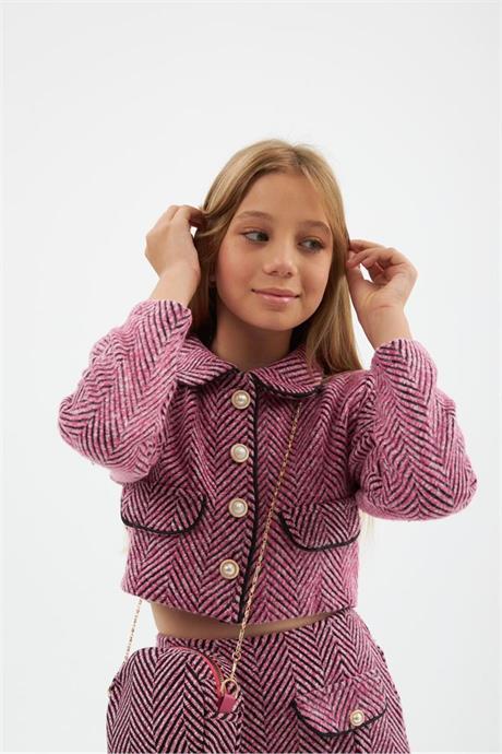 Kız Çocuk Gold Düğme ve Şeritli Biye Detaylı Crop Ceket Etek Zincir Askılı Çanta 3'lü Takım Pembe 4 Yaş