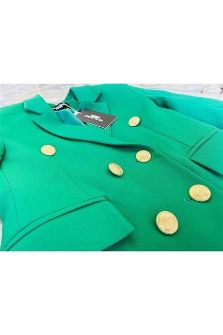Kız Çocuk Gold Düğmeli Blazer Ceket Renkli Şort 2'li Takım Yeşil 12 Yaş