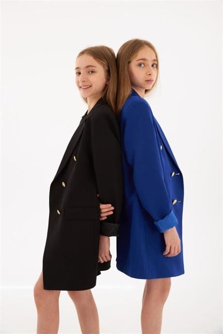 Kız Çocuk Gold Düğmeli Blazer Ceket Renkli Şort 2'li Takım Saks 8 Yaş
