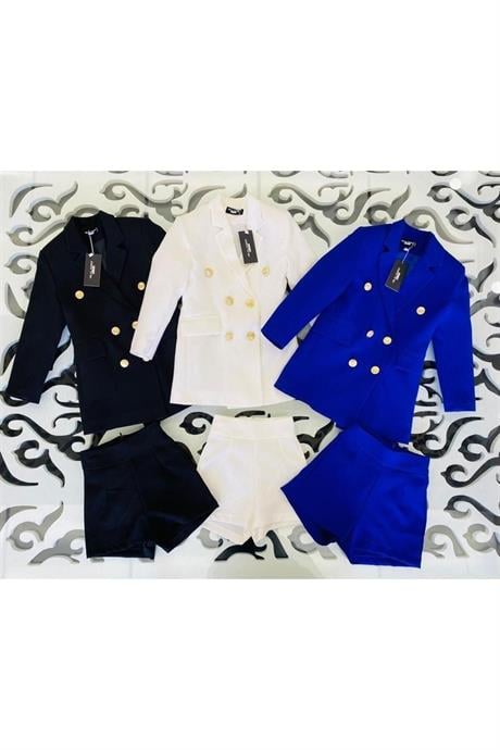 Kız Çocuk Gold Düğmeli Blazer Ceket Renkli Şort 2'li Takım Saks 14 Yaş