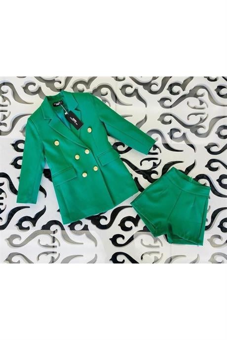Kız Çocuk Gold Düğmeli Blazer Ceket Renkli Şort 2'li Takım Yeşil 14 Yaş