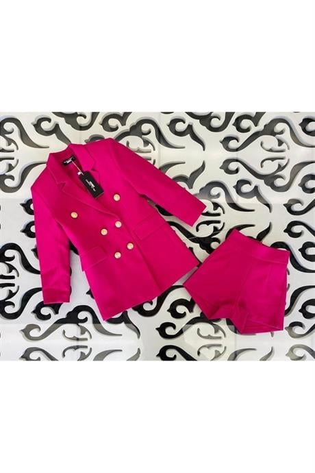 Kız Çocuk Gold Düğmeli Blazer Ceket Renkli Şort 2'li Takım Fuşya 12 Yaş