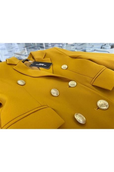 Kız Çocuk Gold Düğmeli Blazer Ceket Renkli Şort 2'li Takım Hardal 14 Yaş