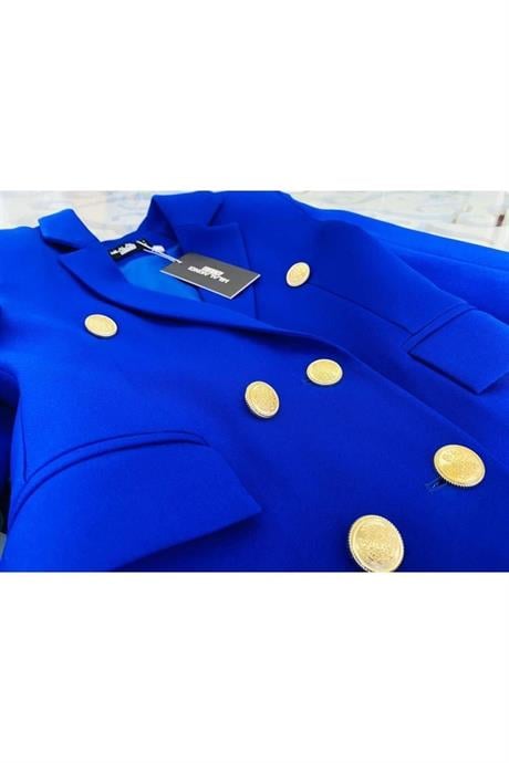 Kız Çocuk Gold Düğmeli Blazer Ceket Renkli Şort 2'li Takım Saks 8 Yaş