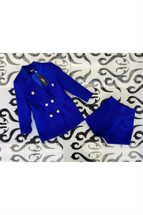 Kız Çocuk Gold Düğmeli Blazer Ceket Renkli Şort 2'li Takım Saks 14 Yaş