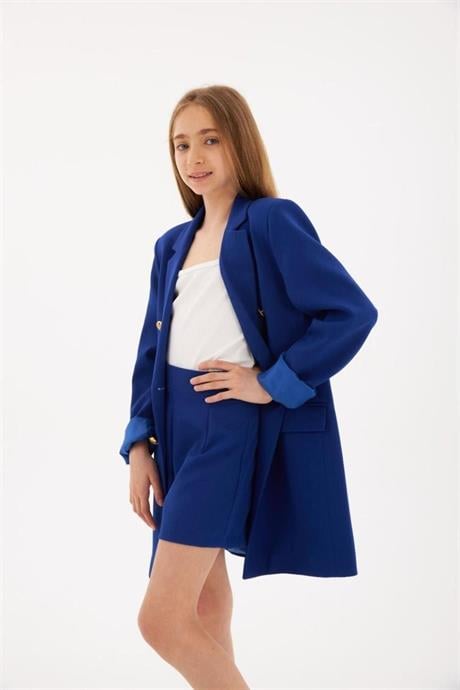 Kız Çocuk Gold Düğmeli Blazer Ceket Renkli Şort 2'li Takım Saks 6 Yaş