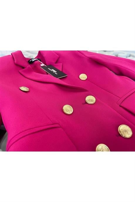 Kız Çocuk Gold Düğmeli Blazer Ceket Renkli Şort 2'li Takım Fuşya 12 Yaş
