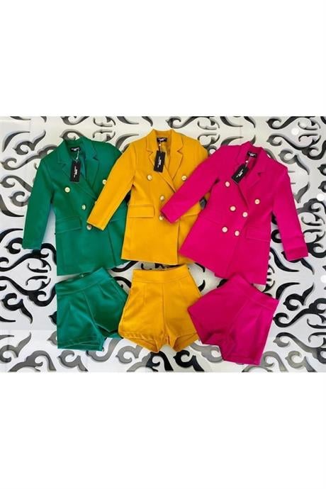 Kız Çocuk Gold Düğmeli Blazer Ceket Renkli Şort 2'li Takım Yeşil 6 Yaş