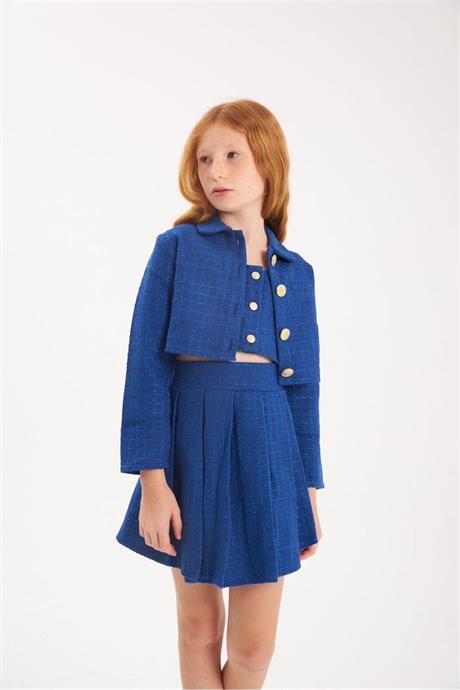 Kız Çocuk Gold Düğmeli Ceket Kalın Askılı Crop Pileli Etek Takım Saks 6 Yaş